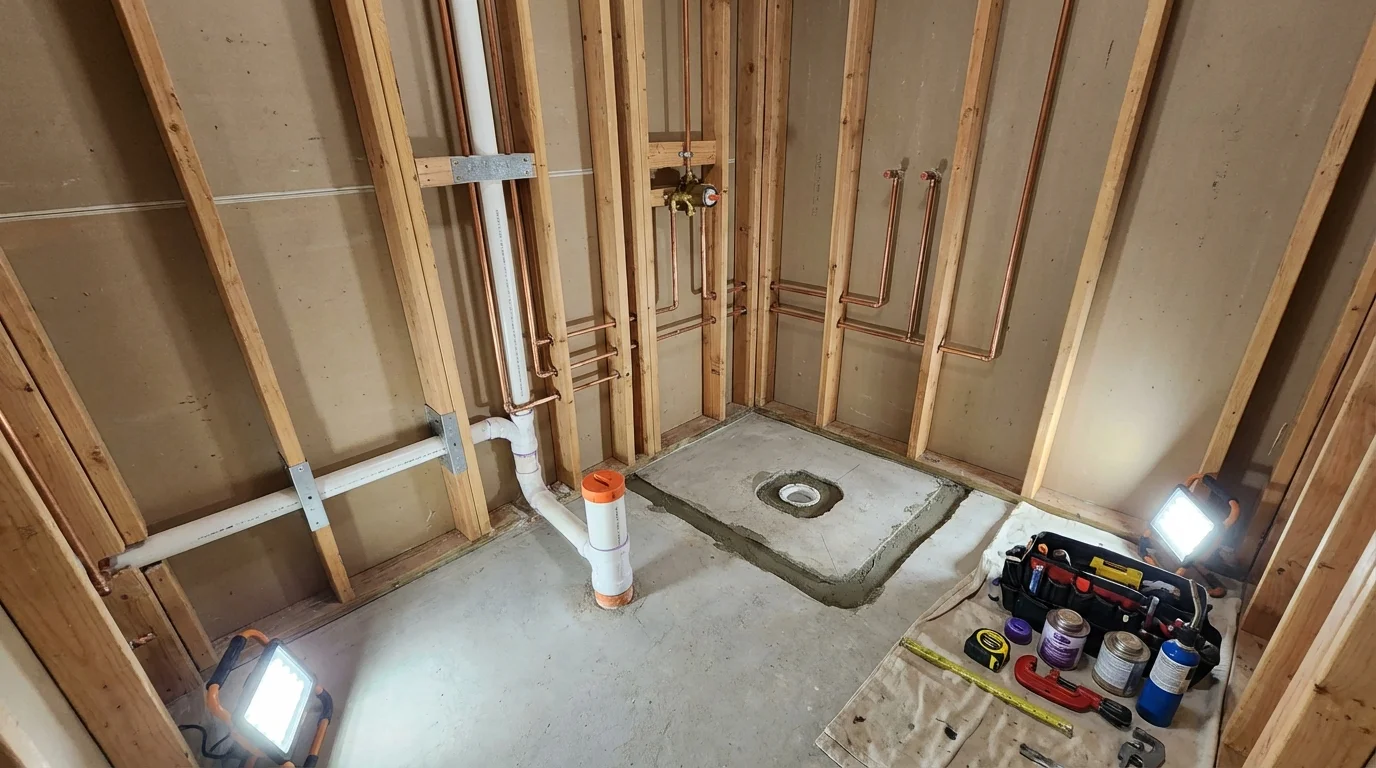 Bathroom rough-in plumbing during remodel by Johns Plumbing LLC in Corte Madera