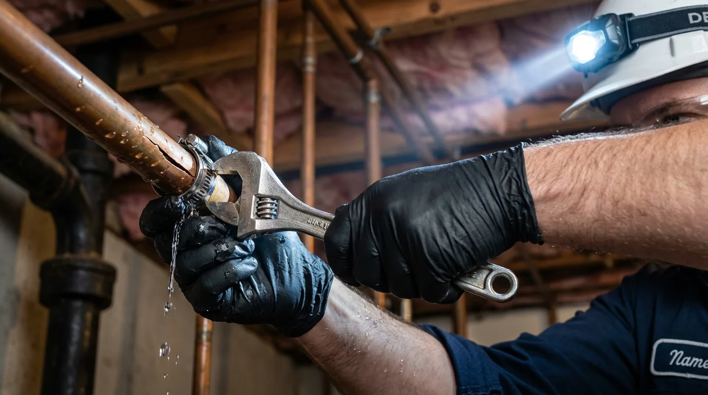 Emergency pipe clamp repair being performed by a Johns Plumbing LLC plumber in Corte Madera
