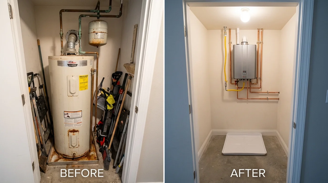 Tank water heater versus wall-mounted tankless unit comparison for Corte Madera, CA homeowners